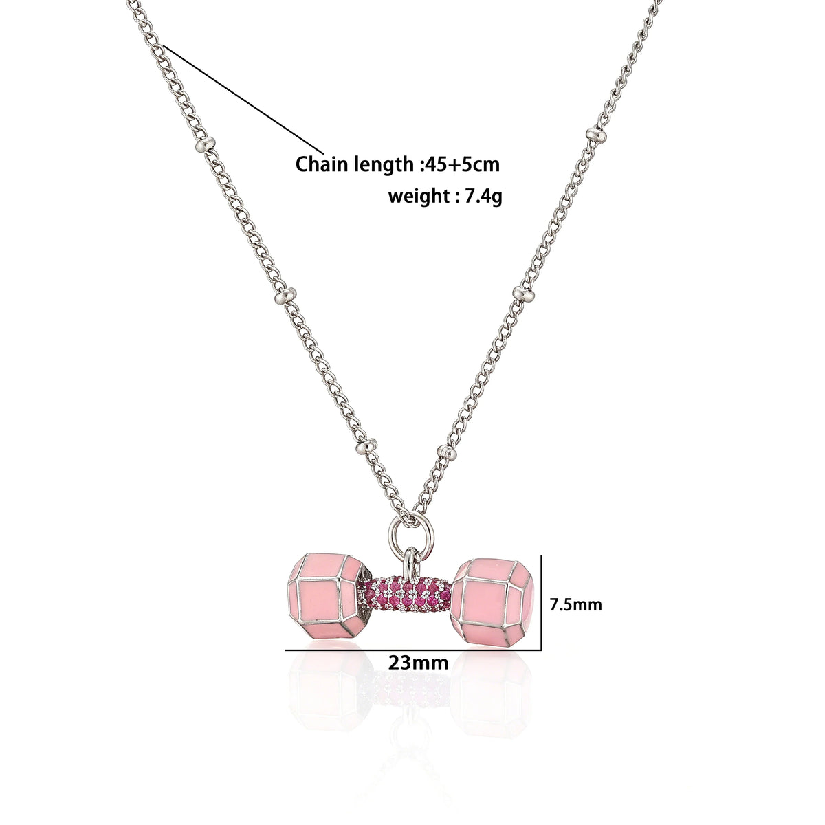 Small Dumbbell Pink Zirconia Charm Pendant Necklace Delicate Sweet Women's Jewelry Necklace, Enameled Gold-Plated Brass Jewelry