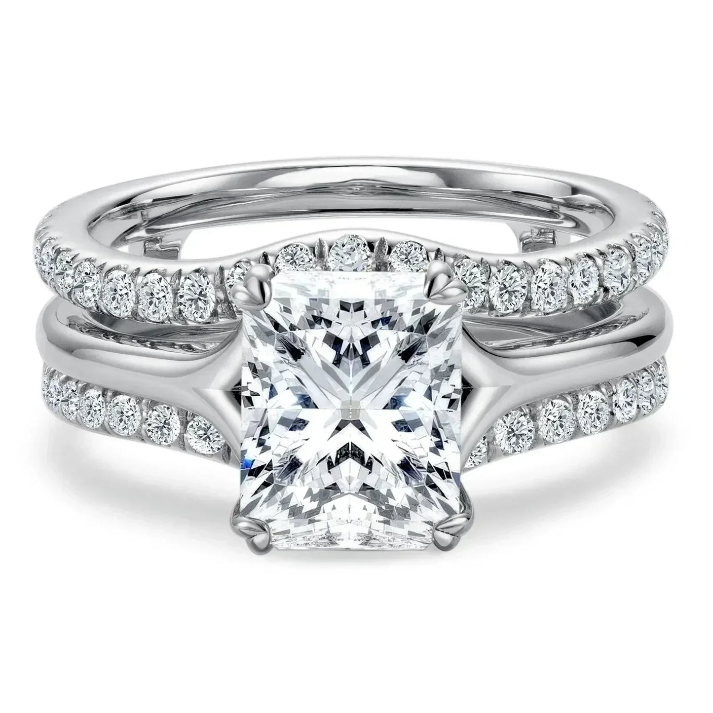 DEZO 4.05cttw All Moissanite S925 Silver Wedding Ring Sets for Women Main Stone 3ct Radiant Cut D Color GRA Certificate