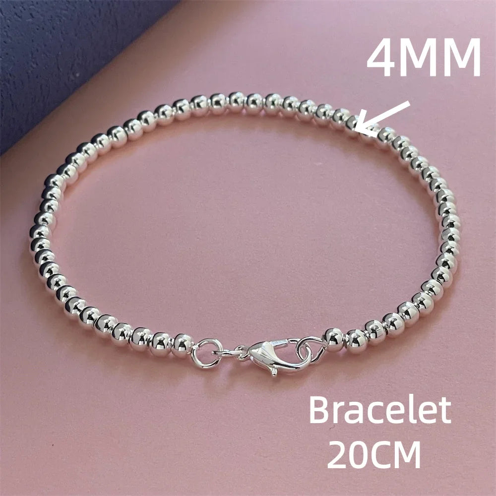 925 Sterling Silver Round Bead Chain Necklace 4/6/8mm Smooth Ball Beads 40-60CM Choker Necklaces for Women Daily Jewelry