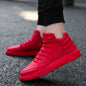 Keep Warm Men's Red High-Top Leather Skate Shoes Flat Lace-Up Sneakers Versatile Casual Streetwear Non-Slip Grip Sole Footwear