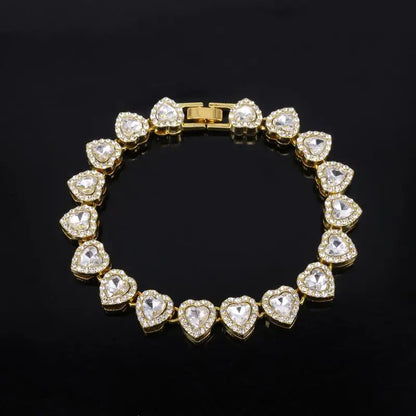 45CM New Hip Hop Tennis Chain Bracelet Necklace Shiny Heart Rhinestone