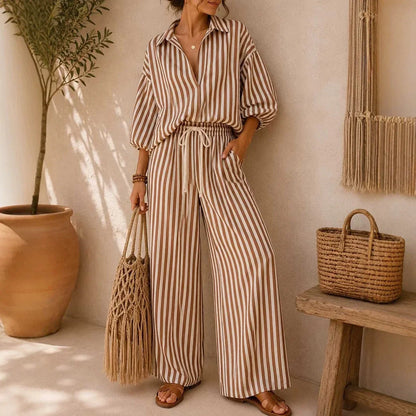 Fashion Stripe Two Piece Set Women Summer Autumn Casual V Neck Long Sleeved Top Wide Leg Pants 2 Piece Suit Women Outfit Sets