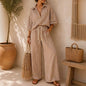 Fashion Stripe Two Piece Set Women Summer Autumn Casual V Neck Long Sleeved Top Wide Leg Pants 2 Piece Suit Women Outfit Sets