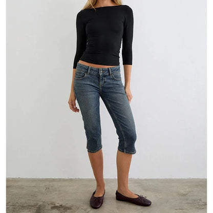 Women's Denim Pencil Capri Pants Button Low Rise Slim Fit Cropped Jeans with Side Slits Hemline Summer Stretch Capris