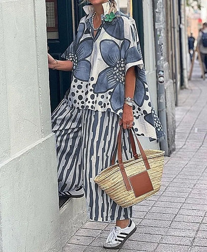 2 Piece Sets Women Summer Print Loungewear Long Pants Sets Vintage