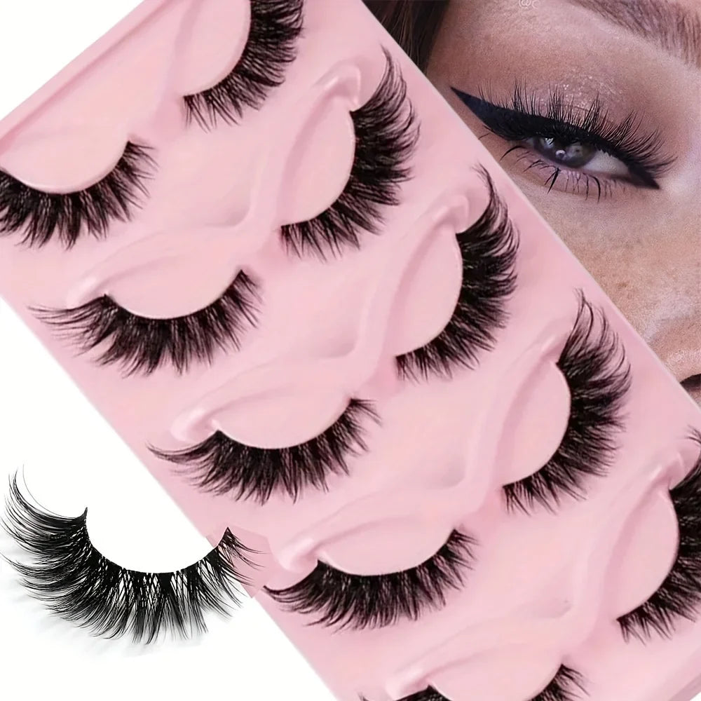 5 Pairs False Eyelashes - Natural Long, Cat Eye Style, Winged Tips, Manga Lashes for Eye Elongation