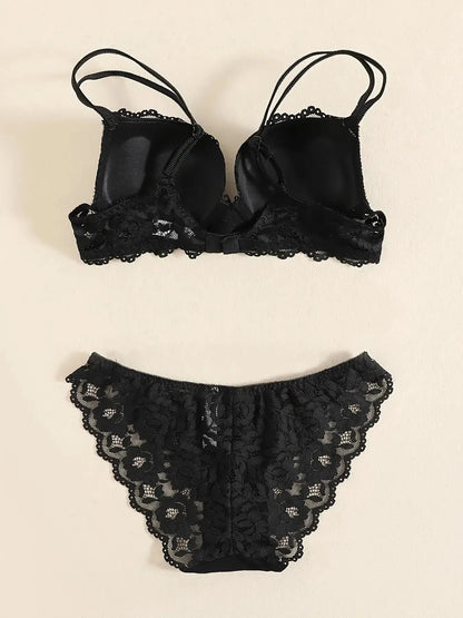 1 Set Elegant Lace Embroidery & Breathable Fabric Lingerie Set: Push-Up Bra, Drop Waist Sheer Panty - Ultimate Valentine's Day