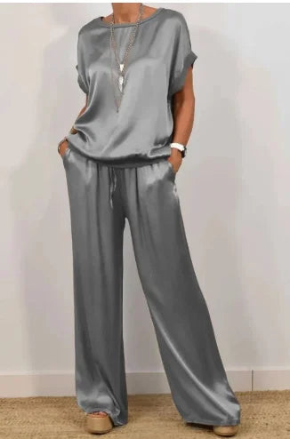 Casual Loose Satin T Shirt Pants Two Piece Sets Women Fashion O-Neck