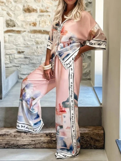 2 Pieces Set for Woman Summer New Elegant Printed Half Sleeves Shirt