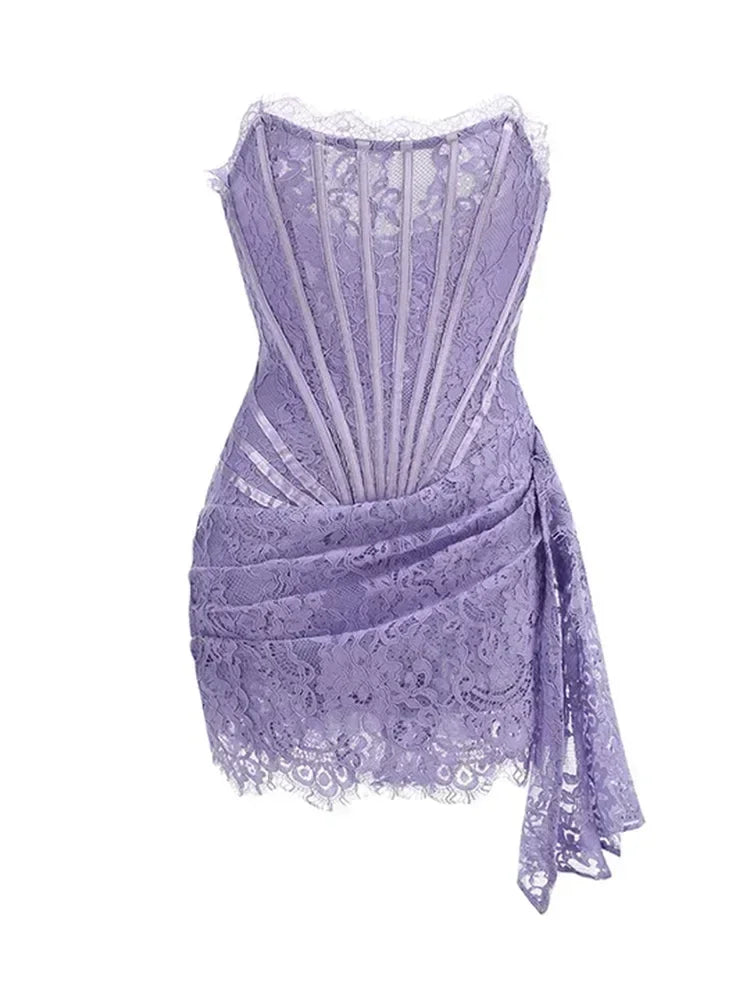 TARUXY Sexy Lace See-through Patchwork Corset Dress Female Bodycon Elegant Party MIrrgualr Mini Dress Women Tube Top Dress New
