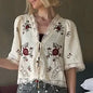 Floral Embroidered Linen-Blend Kimono Half-Sleeve Shirt & Lace Trim Shorts 2-Piece Set 2026 Summer Casual Women Office Outfit