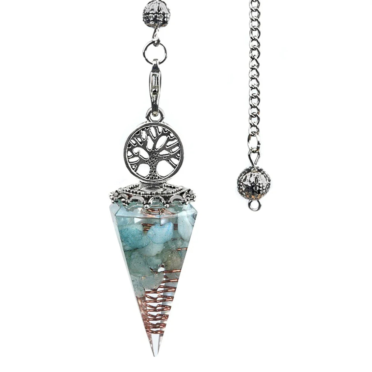 20x52mm Natural Stone Pendulum Tree of Life Hexagonal Cone Crushed Stone Aquamarine