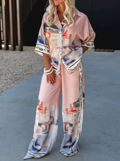 2 Pieces Set for Woman Summer New Elegant Printed Half Sleeves Shirt