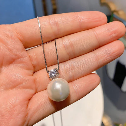 Huitan Imitation Pearl Women Pendant Necklace Inlaid Shiny CZ Fashion Wedding Party Versatile Elegant Accessories Jewelry Gift