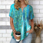 Women Print Notched V Neck Short Sleeve Casual Loose Tunic Tops