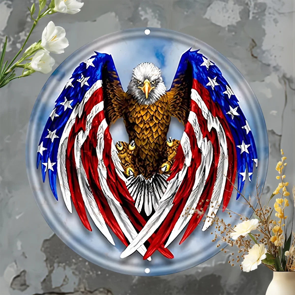 Round Metal Tin Sign Rustic Wall Decor,Patriotic American Flag Eagle,Suitable for Home and Kitchen Bar Cafe Garage Wall Decor
