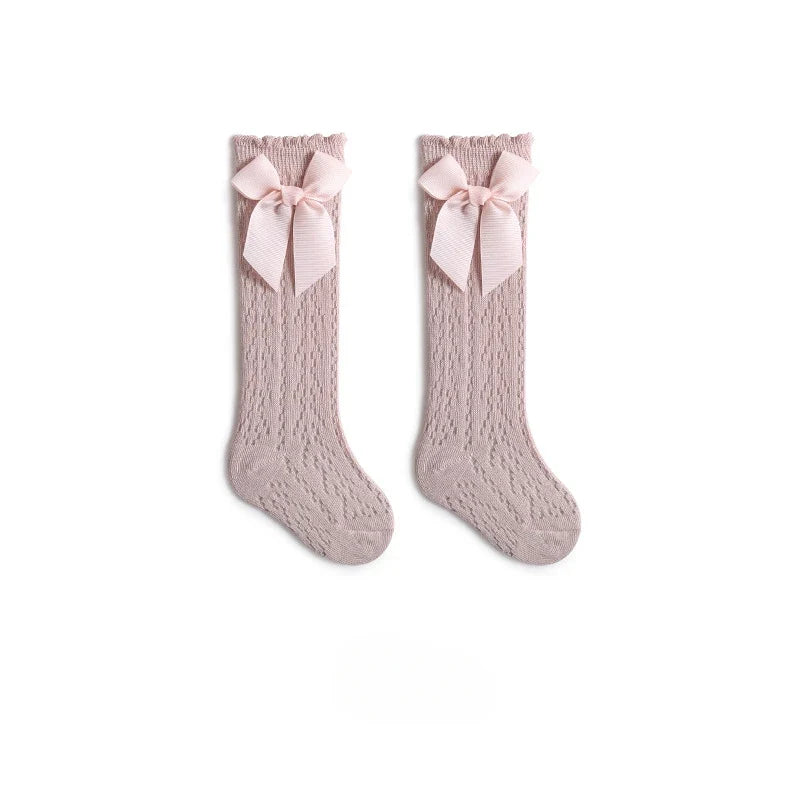Summer Baby Girls Socks Toddler Bow Long Sock Kids Knee High Soft Cotton Mesh Stocking Spanish Style Hollow Out Lace Socks 0-3Y