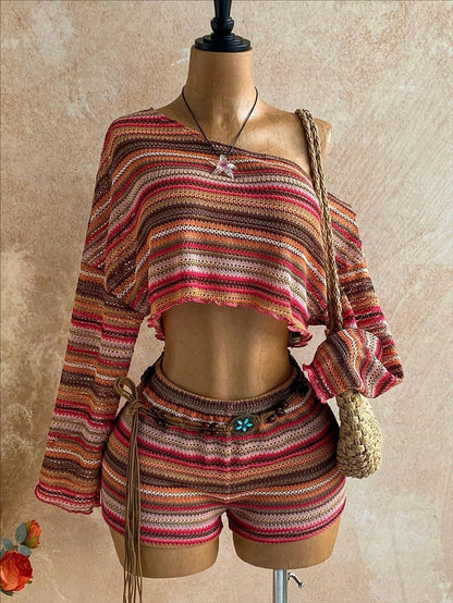 Boho Asymmetrical Off Shoulder Striped Knit Two Piece Set Women Long