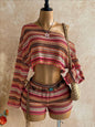 Boho Asymmetrical Off Shoulder Striped Knit Two Piece Set Women Long