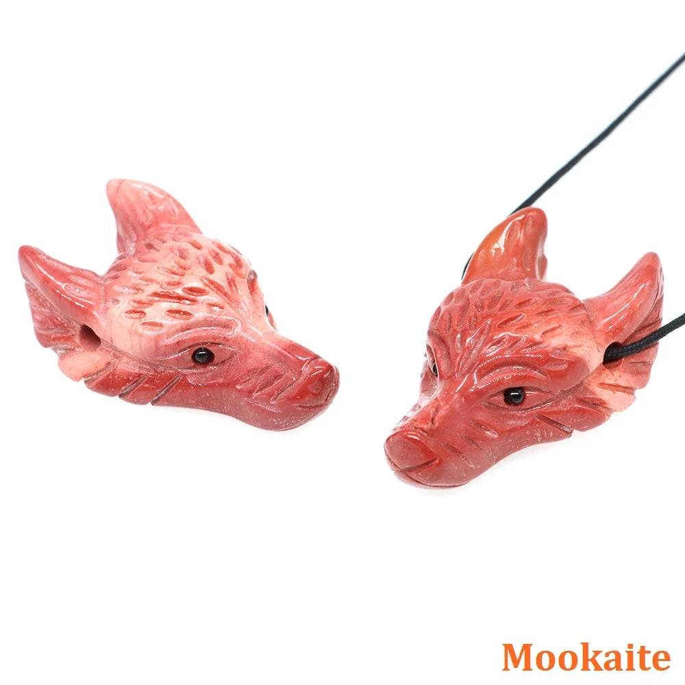 1.5" Wolf Head Stone Pendant Natural Healing Crystals Hand Carved Wolves Animal Statue Figurine Gems for Jewelry Making Necklace