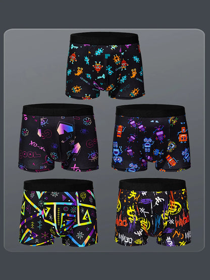 5-pcs Men's trendy graffiti, pixel, cyberpunk print boxer underwear, comfortable and casual and fashionable boxer