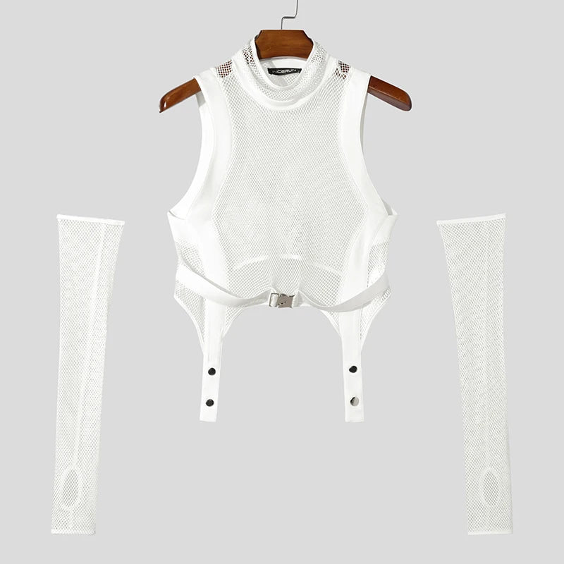 Fashion Casual Style Tops INCERUN Men Deconstruction Sleevelet Vests Sexy Buckle Mesh Splicing Half High Neck Cropped Tank Tops