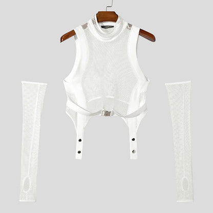 Fashion Casual Style Tops INCERUN Men Deconstruction Sleevelet Vests Sexy Buckle Mesh Splicing Half High Neck Cropped Tank Tops