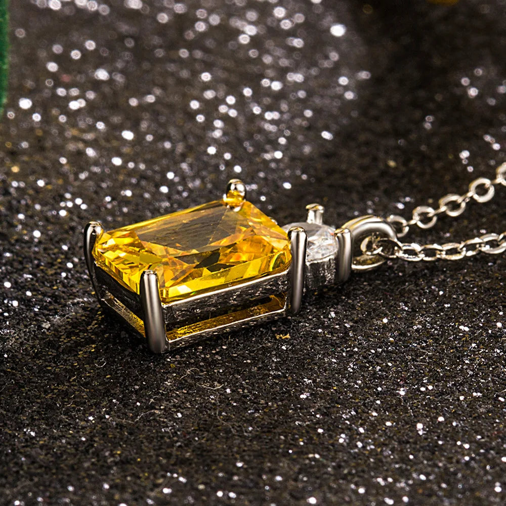 925 Silver Radiant Cut Yellow Crystal Pendant Necklace Women Sparkling Cubic Zircon Citrine Choker Chain Fine Jewelry