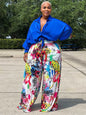 2piece Woman Outfit Streetwear Blue Silk Blouses Women Plus Size