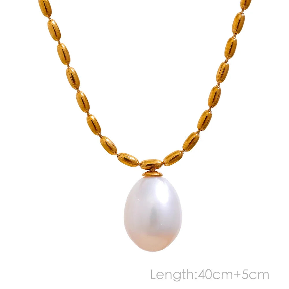 Yhpup Tarnish Free Natural Pearl Beads Chic Exquisite Necklace Thin Chain Stainless Steel Minimalist Charm Collar Jewelry Women
