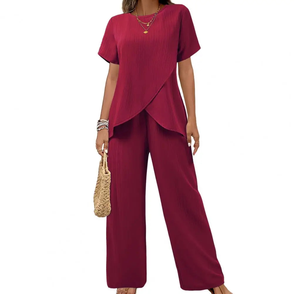 New Fashion Elegant Office Ladies Set Casual Set With Irregular Short Sleeve Blouses Loose Long Pants Two Piece Outfit Women's
