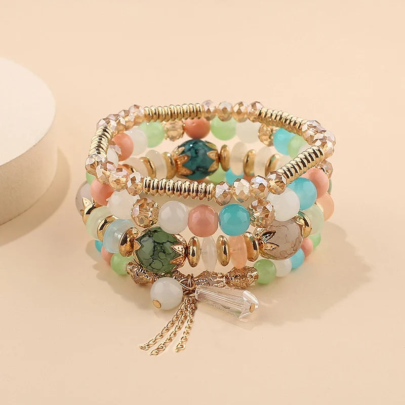 4Pcs Bohemian Women Pink Tassel Bracelet Set For Female I Love You Feather Round Charm Beads Chain Bangle Fashion Party Jewelry