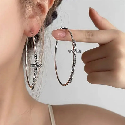 Shiny Big Circel Cross Hoop Earrings for Women Exquisite Rhinestones Ear Buckles Earrings High-end Geometric Ear Rings Jewelry
