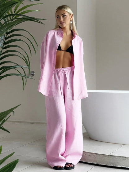 Bornladies Cotton Casual Pants Sets Women's Solid Color Cozy Lapel Long Sleeve Shirt Summer Outfit Elastic Waist Pants Suits