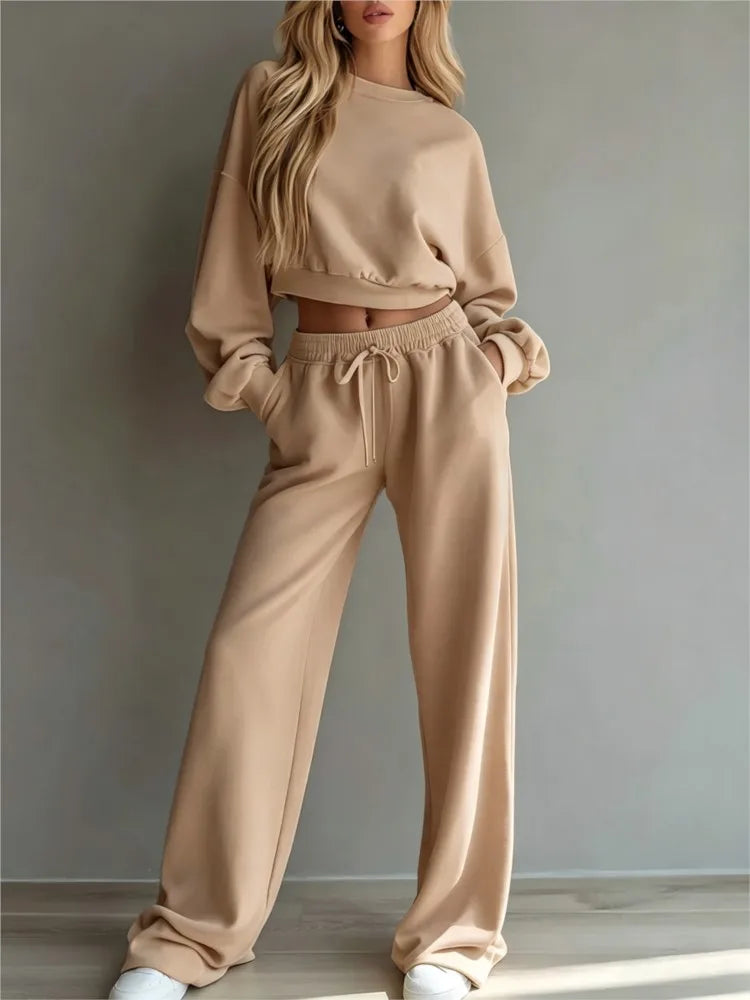 Autumn New Casual O Neck Long-Sleeved Ultra-Short Sweatshirt Trousers