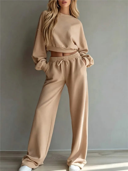 Autumn New Casual O Neck Long-Sleeved Ultra-Short Sweatshirt Trousers