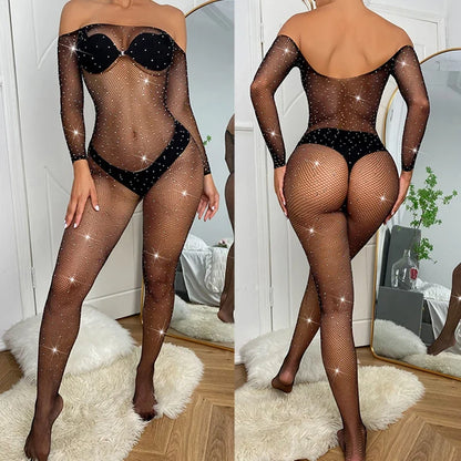 Sexy Hollow Fishnet Women Lingerie Erotic Crotchless Full Sleeve Bodystockings Hot Bling Rhinestone Perspective Teddy Bodysuits