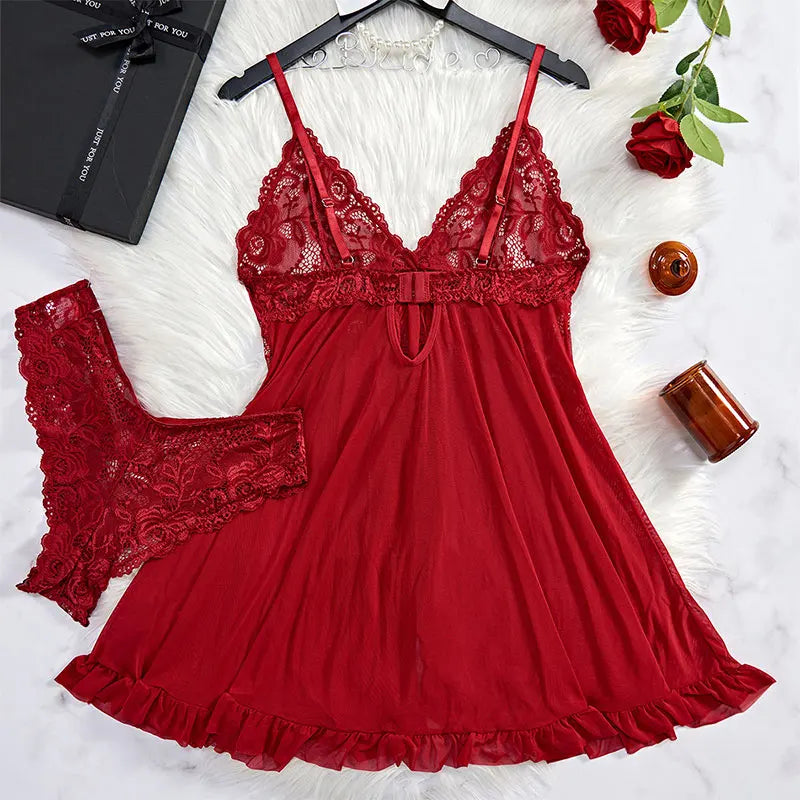 A Set Of Tulle Ultra Sexy Nightgown V-neck Bra Open Sleep Skirt Night Erotic Dress Woman Sheer Pajamas Lingerie Pants Luxury kit