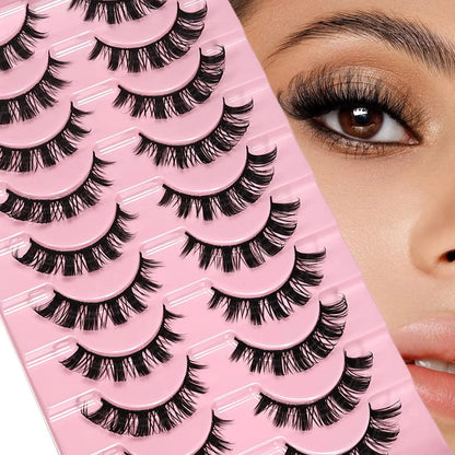 10 Pairs Messy Fluffy Russian False Eyelashes DD Deep Curl Hybrid Faux Mink Volume Strip Lashes for Casual Selfie Look