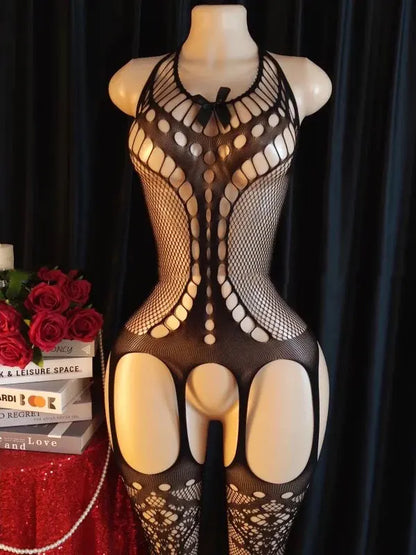 Porn Underwear Crotchless Babydolls Dress EroticCostume Sexy Hanging Neck Bodystockings Mesh See Through Adults Sexual Bodysuits