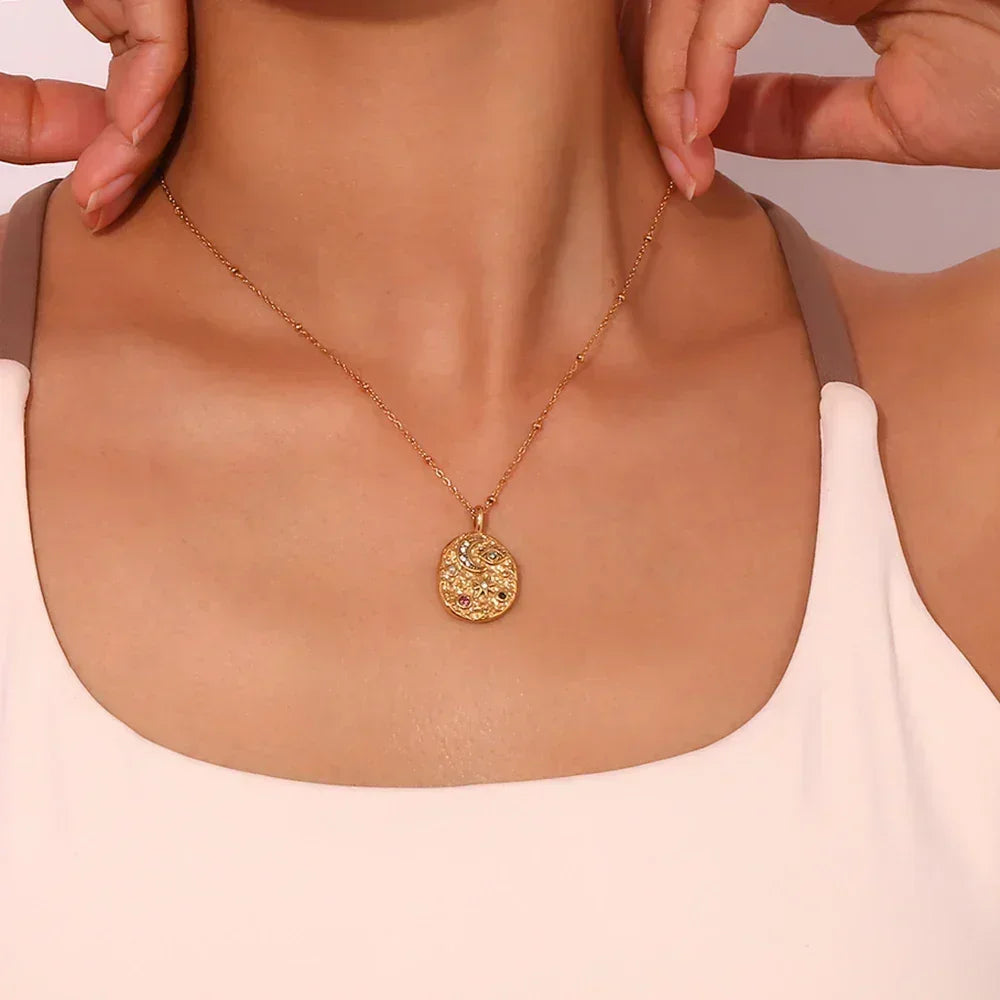 La. Muses Colored Cubic Zirconia Star Moon Texture Pendant Stainless Steel Retro Luxury Necklace Waterproof Jewelry Gift
