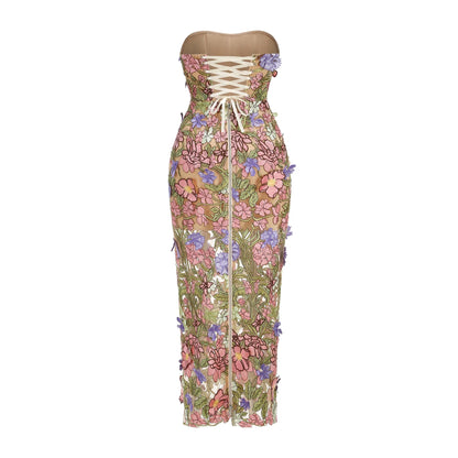 New Sexy Strapless Back Lace Up Dress for Women, Slim Fit and Simple Floral Embroidery Fabric Party Dress Long