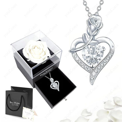 Luxury Red Zircon Heart Necklace With Rose Flower Gift Box For Girlfriend Birthday Valentine Gift  Romantic Accessories