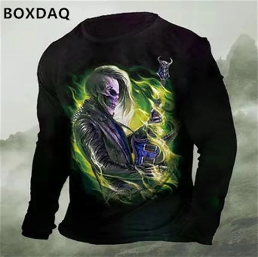 Horror Skulls Style Men T-Shirts Spring Autumn Long Sleeve Rock Skull 3D Print Street Hip Hop Male Tees 6XL Big Size Casual Tops