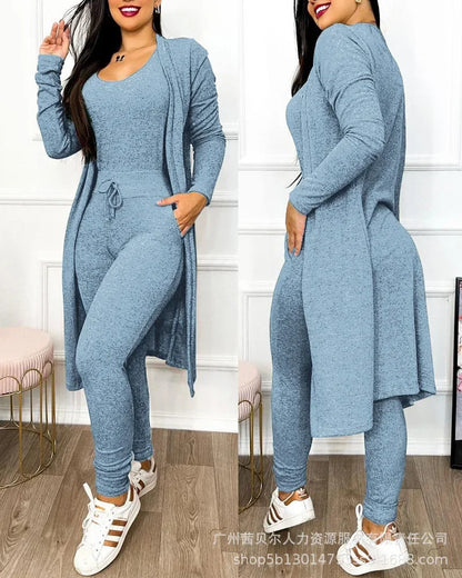 Jumpsuit & Coat Set Autumn Women Drawstring Pocket Pants Sets One