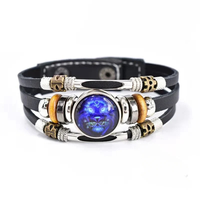 Twelve Constellations Luminous Leather Bracelet Retro Multi-layer Beaded Leather Bracelet Jewelry Gifts for Men Women Couples
