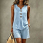 Summer Button Vest Drawstring Pocket Shorts Suit Women Casual Two Piece Set Solid Color Beach Holiday Outfits