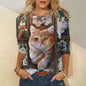 Womens Cat Print Loose T-Shirt Animal Print Long Sleeve Shirt Fashion Clothing 2024 Ladies Cute Print Long Sleeve
