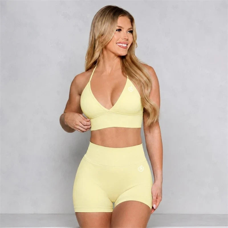 Bum 2PCS Seamless Yoga Set Women Blossom Bra + V-Back Shorts Gym