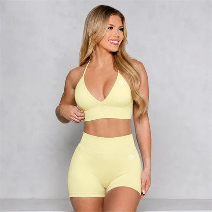 Bum 2PCS Seamless Yoga Set Women Blossom Bra + V-Back Shorts Gym